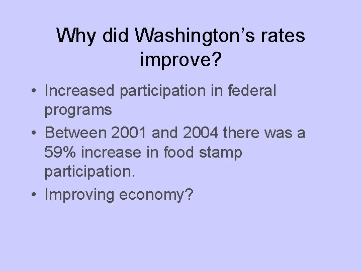 Why did Washington’s rates improve? • Increased participation in federal programs • Between 2001