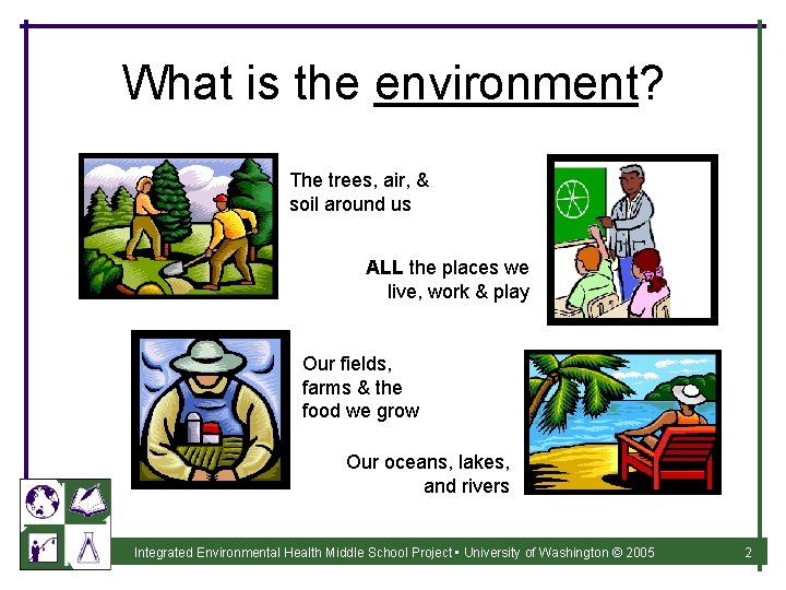 What is the environment? The trees, air, & soil around us ALL the places