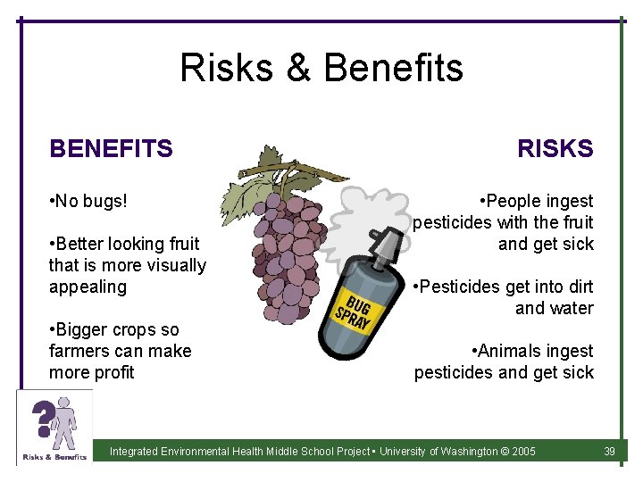 Risks & Benefits BENEFITS • No bugs! • Better looking fruit that is more