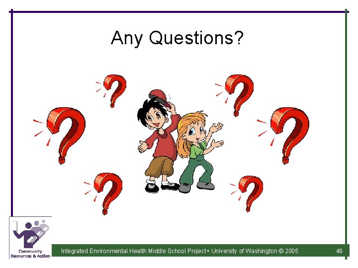 Any Questions? Integrated Environmental Health Middle School Project • University of Washington © 2005