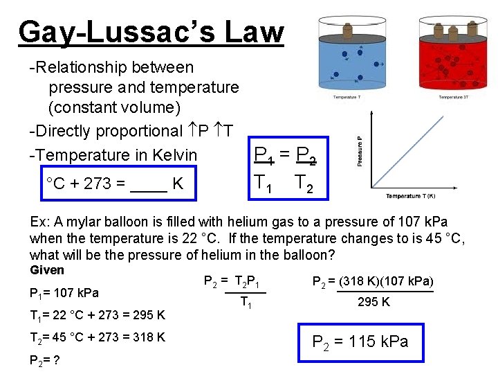 Gay-Lussac’s Law -Relationship between pressure and temperature (constant volume) -Directly proportional P T -Temperature
