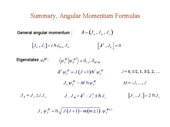 Summary, Angular Momentum Formulas General angular momentum : Eigenstates JM : J = 0,