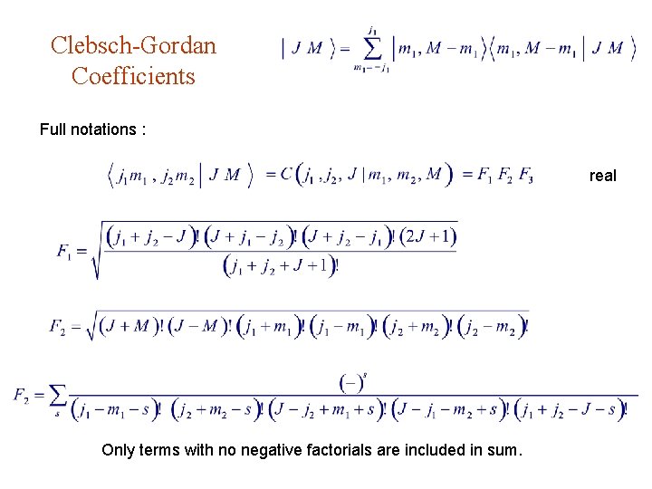 Clebsch-Gordan Coefficients Full notations : real Only terms with no negative factorials are included