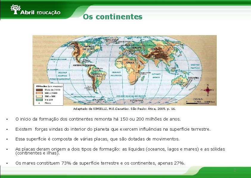 Os continentes Adaptado de SIMIELLI, M. E. Geoatlas. São Paulo: Ática, 2005. p. 16.