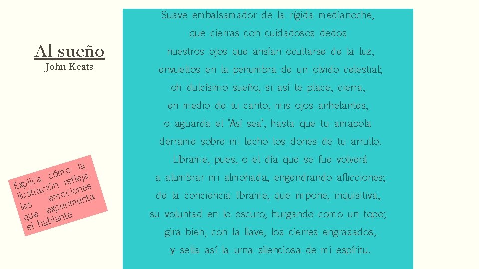 Suave embalsamador de la rígida medianoche, que cierras con cuidadosos dedos Al sueño John