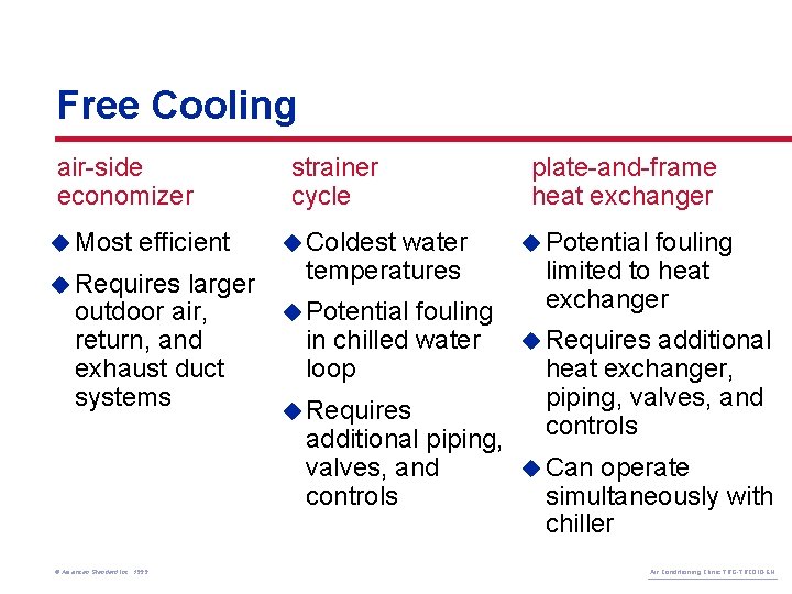 Free Cooling air-side economizer u Most efficient u Requires strainer cycle u Coldest water