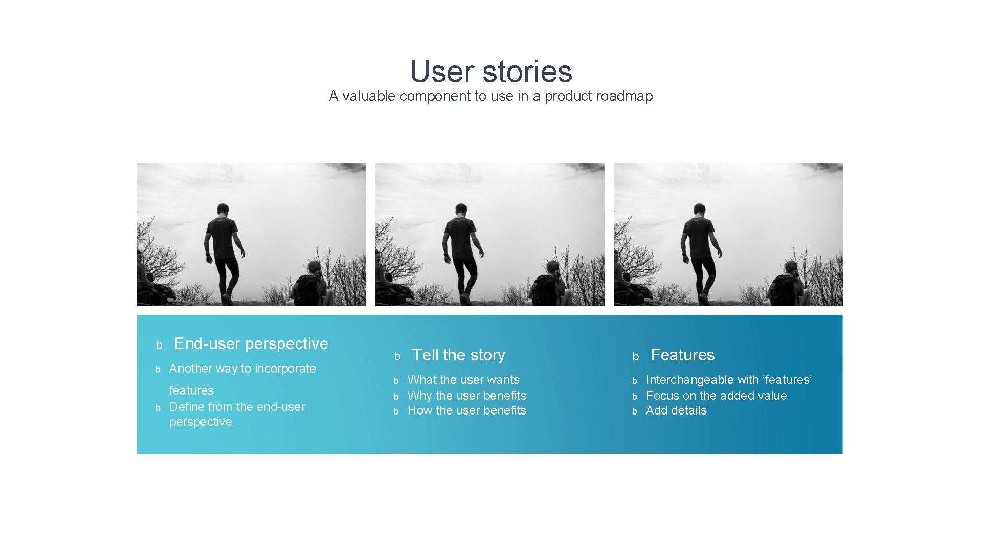 User stories A valuable component to use in a product roadmap b b b