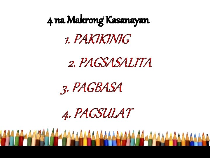 4 na Makrong Kasanayan 1. PAKIKINIG 2. PAGSASALITA 3. PAGBASA 4. PAGSULAT 