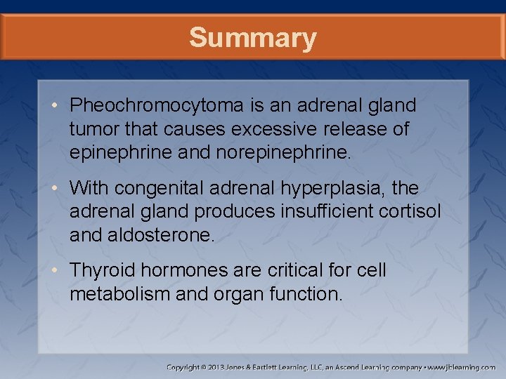 Summary • Pheochromocytoma is an adrenal gland tumor that causes excessive release of epinephrine
