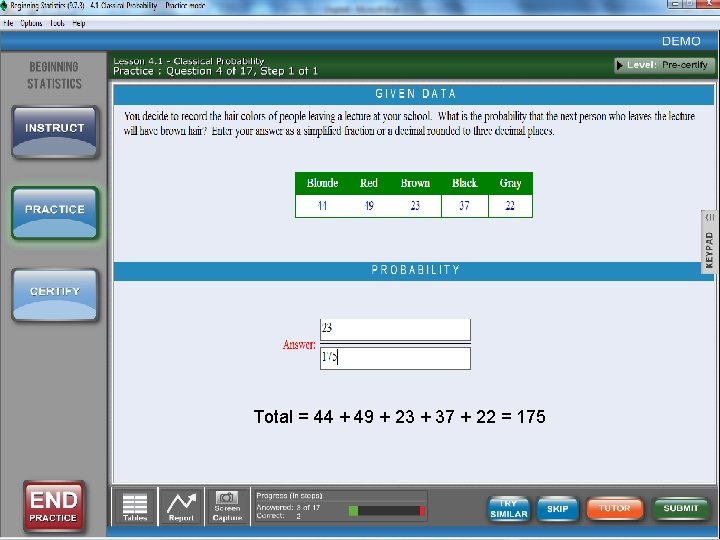 Total = 44 + 49 + 23 + 37 + 22 = 175 Total = 44 + 49 + 23 + 37 + 22 = 175