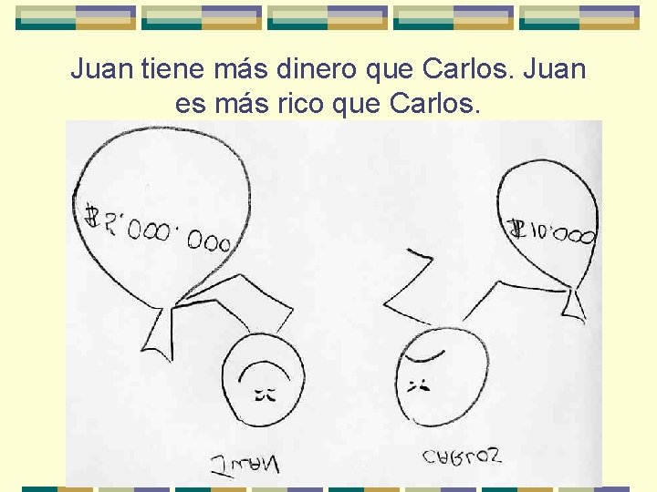 Juan tiene más dinero que Carlos. Juan es más rico que Carlos. 