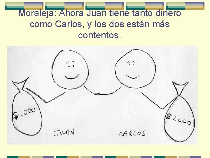 Moraleja: Ahora Juan tiene tanto dinero como Carlos, y los dos están más contentos.