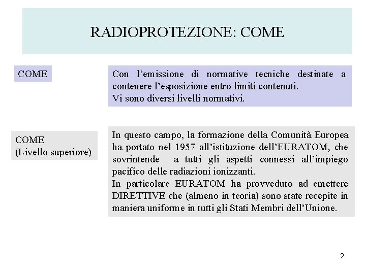 RADIOPROTEZIONE: COME Con l’emissione di normative tecniche destinate a contenere l’esposizione entro limiti contenuti.