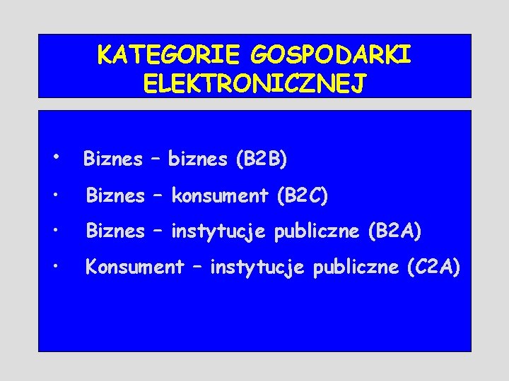 KATEGORIE GOSPODARKI ELEKTRONICZNEJ • Biznes – biznes (B 2 B) • Biznes – konsument