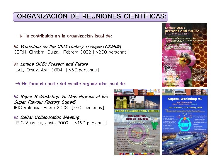 ORGANIZACIÓN DE REUNIONES CIENTÍFICAS: He contribuido en la organización local de: Workshop on the