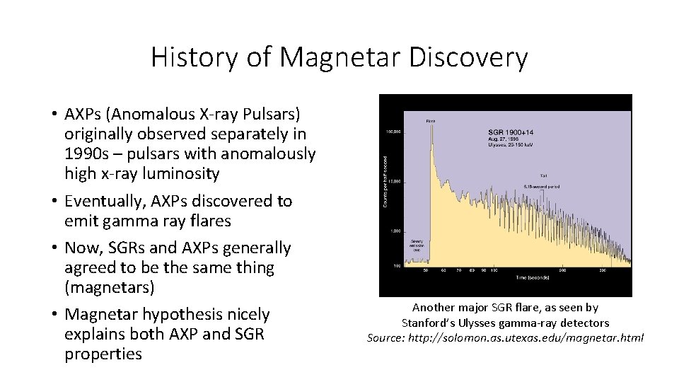 History of Magnetar Discovery • AXPs (Anomalous X-ray Pulsars) originally observed separately in 1990