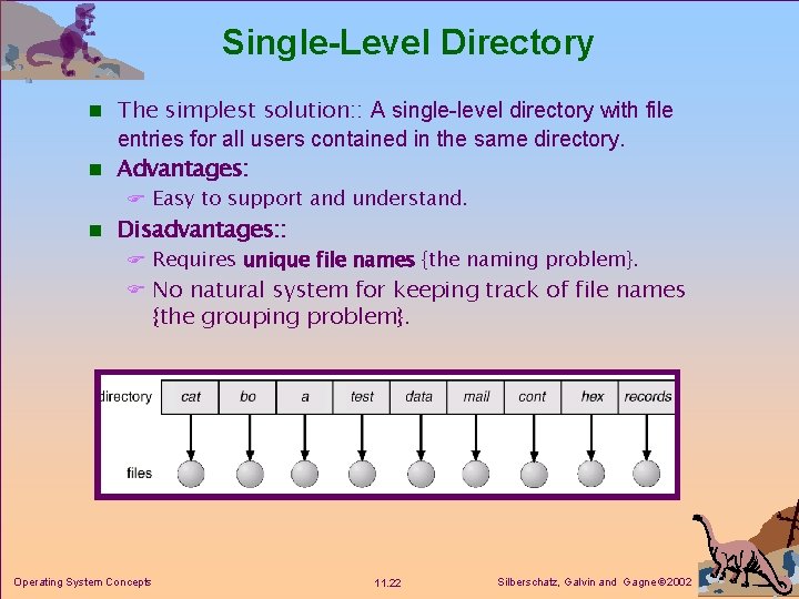 Single-Level Directory n The simplest solution: : A single-level directory with file entries for Single-Level Directory n The simplest solution: : A single-level directory with file entries for