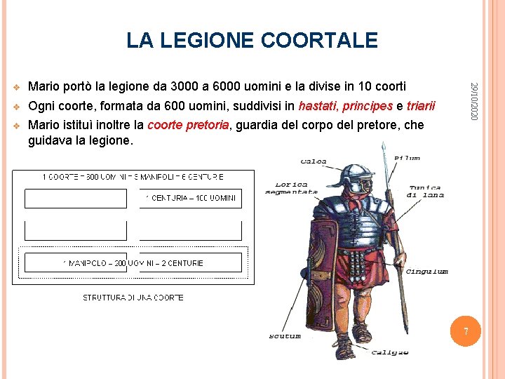 LA LEGIONE COORTALE Mario portò la legione da 3000 a 6000 uomini e la