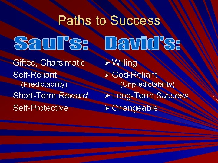 Paths to Success Gifted, Charsimatic Self-Reliant (Predictability) Short-Term Reward Self-Protective Ø Willing Ø God-Reliant