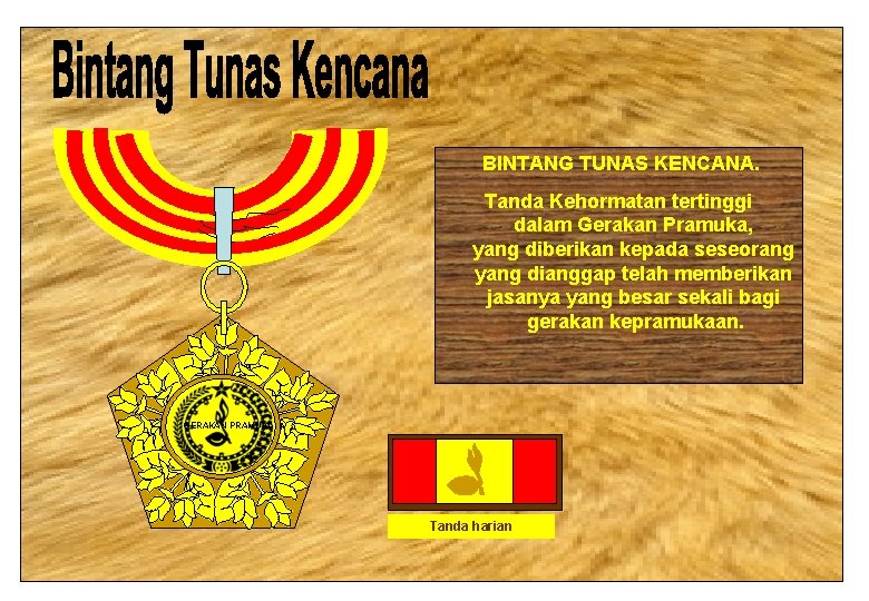 BINTANG TUNAS KENCANA. Tanda Kehormatan tertinggi dalam Gerakan Pramuka, yang diberikan kepada seseorang yang