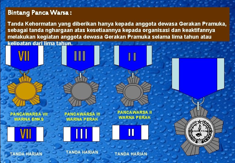 Bintang Panca Warsa : Tanda Kehormatan yang diberikan hanya kepada anggota dewasa Gerakan Pramuka,