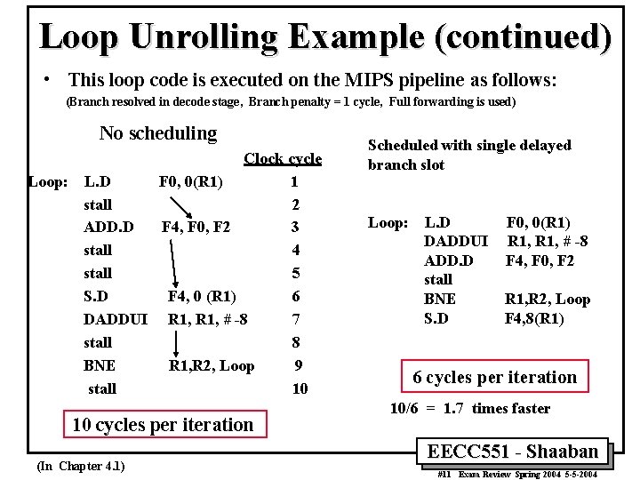 Loop Unrolling Example (continued) • This loop code is executed on the MIPS pipeline