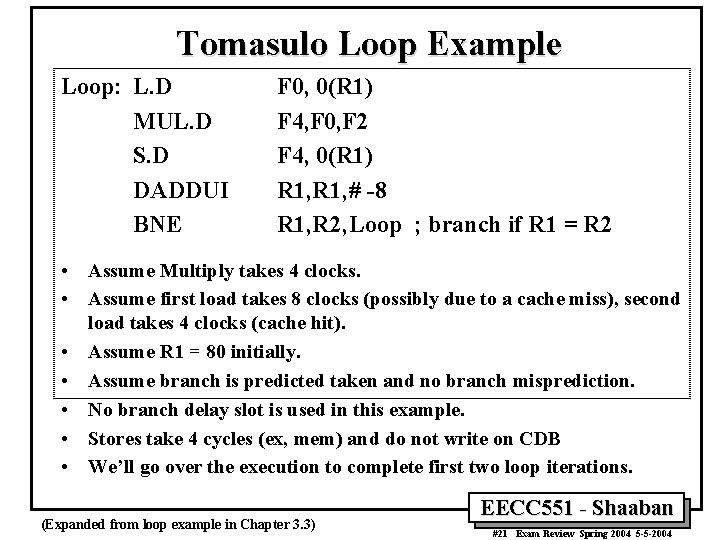 Tomasulo Loop Example Loop: L. D MUL. D S. D DADDUI BNE F 0,