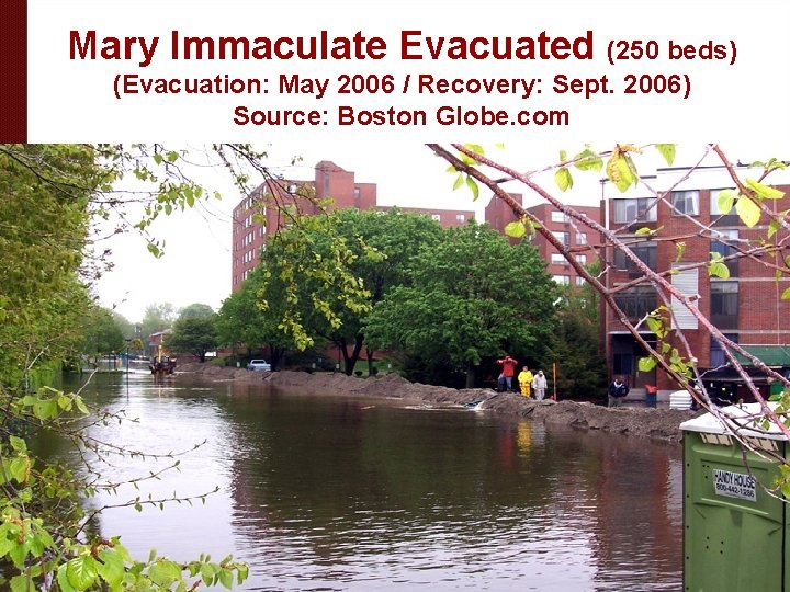 Mary Immaculate Evacuated (250 beds) (Evacuation: May 2006 / Recovery: Sept. 2006) Source: Boston Mary Immaculate Evacuated (250 beds) (Evacuation: May 2006 / Recovery: Sept. 2006) Source: Boston
