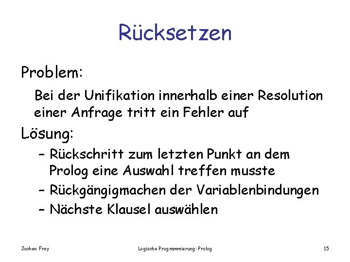 Rücksetzen Problem: Bei der Unifikation innerhalb einer Resolution einer Anfrage tritt ein Fehler auf