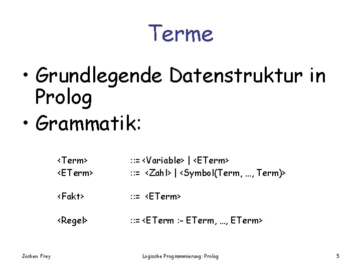 Terme • Grundlegende Datenstruktur in Prolog • Grammatik: Jochen Frey <Term> <ETerm> : :