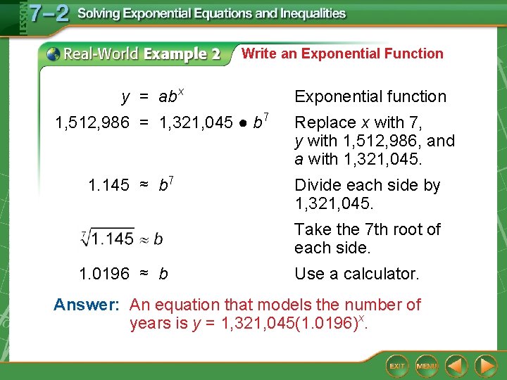 Write an Exponential Function y = ab x 1, 512, 986 = 1, 321,