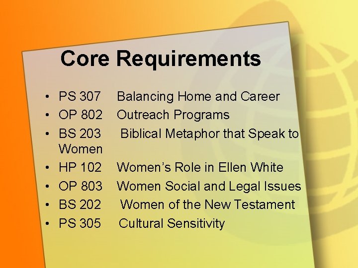 Core Requirements • PS 307 • OP 802 • BS 203 Women • HP