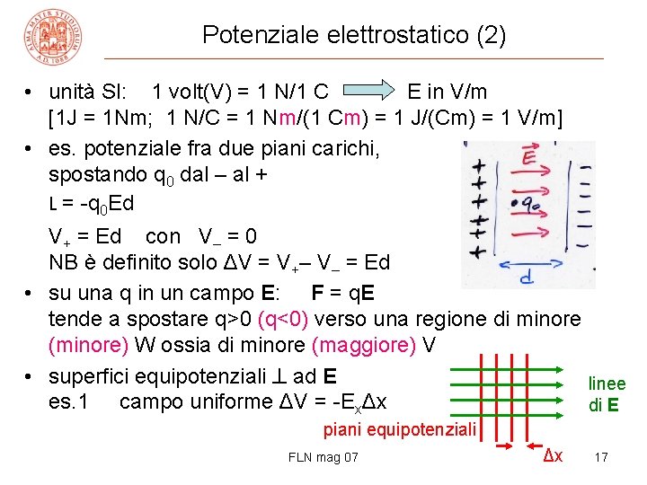 Potenziale elettrostatico (2) • unità SI: 1 volt(V) = 1 N/1 C E in