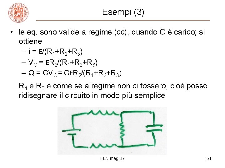 Esempi (3) • le eq. sono valide a regime (cc), quando C è carico;