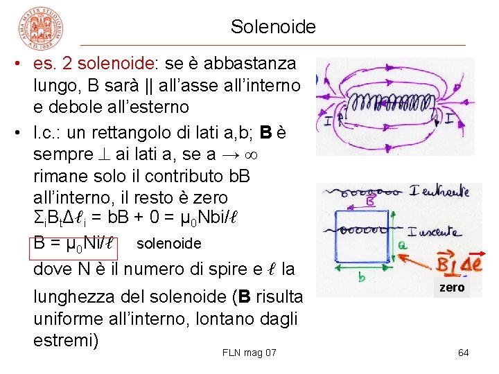 Solenoide • es. 2 solenoide: se è abbastanza lungo, B sarà || all’asse all’interno