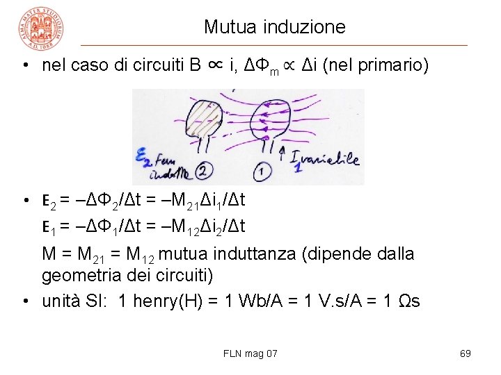 Mutua induzione • nel caso di circuiti B ∝ i, ΔΦm ∝ Δi (nel