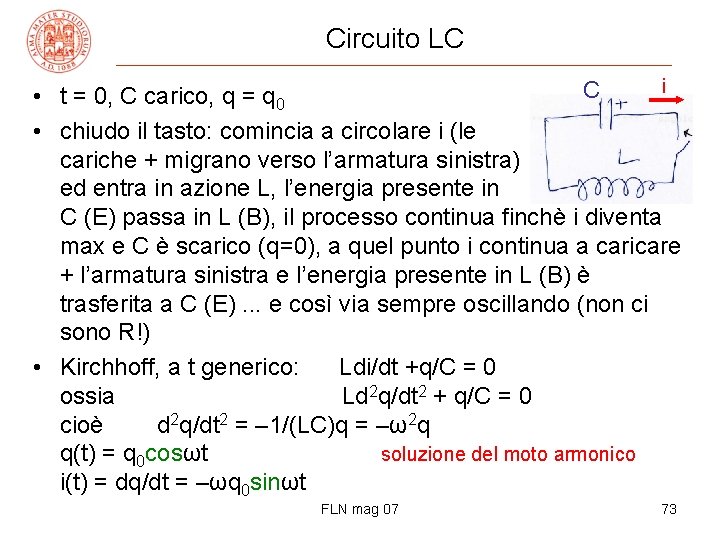 Circuito LC i C • t = 0, C carico, q = q 0