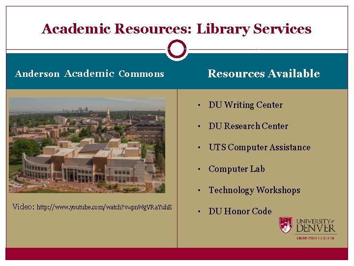 Academic Resources: Library Services Anderson Academic Commons Resources Available • DU Writing Center •