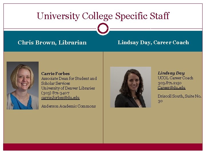 University College Specific Staff Chris Brown, Librarian Carrie Forbes Associate Dean for Student and