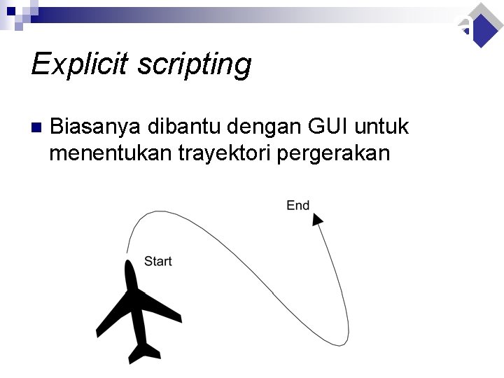 Explicit scripting n Biasanya dibantu dengan GUI untuk menentukan trayektori pergerakan 