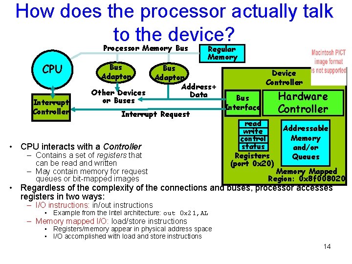 How does the processor actually talk to the device? Processor Memory Bus CPU Interrupt How does the processor actually talk to the device? Processor Memory Bus CPU Interrupt