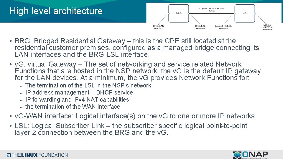 High level architecture • BRG: Bridged Residential Gateway – this is the CPE still High level architecture • BRG: Bridged Residential Gateway – this is the CPE still