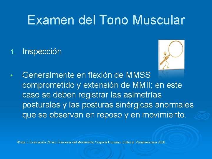 Examen del Tono Muscular 1. Inspección • Generalmente en flexión de MMSS comprometido y