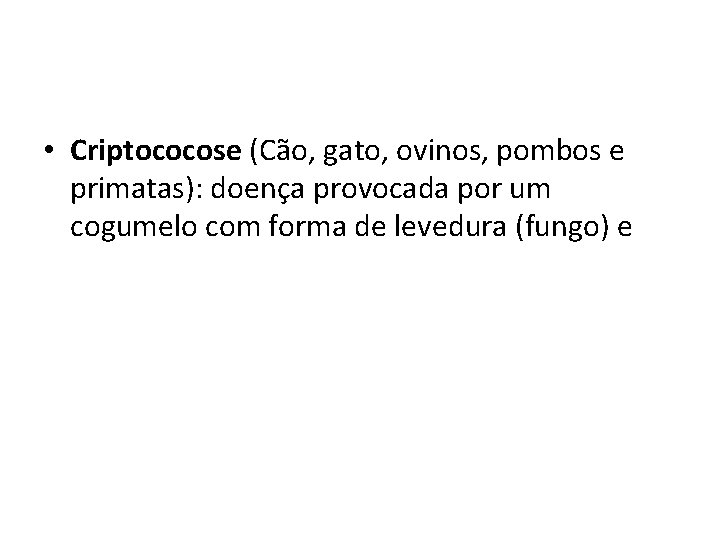  • Criptococose (Cão, gato, ovinos, pombos e primatas): doença provocada por um cogumelo