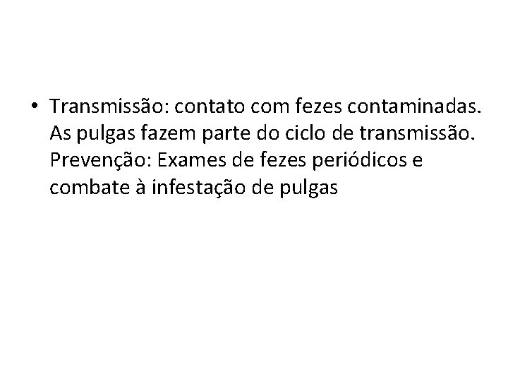  • Transmissão: contato com fezes contaminadas. As pulgas fazem parte do ciclo de