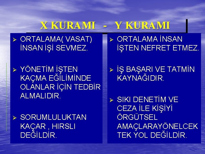 X KURAMI - Y KURAMI Ø ORTALAMA( VASAT) İNSAN İŞİ SEVMEZ. Ø ORTALAMA İNSAN