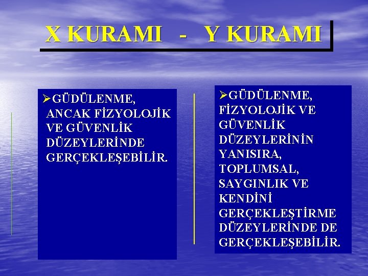 X KURAMI - Y KURAMI ØGÜDÜLENME, ANCAK FİZYOLOJİK VE GÜVENLİK DÜZEYLERİNDE GERÇEKLEŞEBİLİR. ØGÜDÜLENME, FİZYOLOJİK