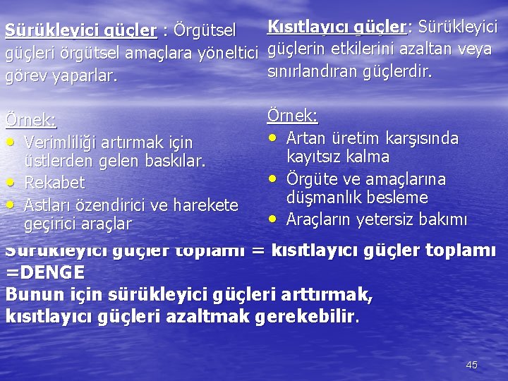 Kısıtlayıcı güçler: Sürükleyici güçler : Örgütsel güçleri örgütsel amaçlara yöneltici güçlerin etkilerini azaltan veya