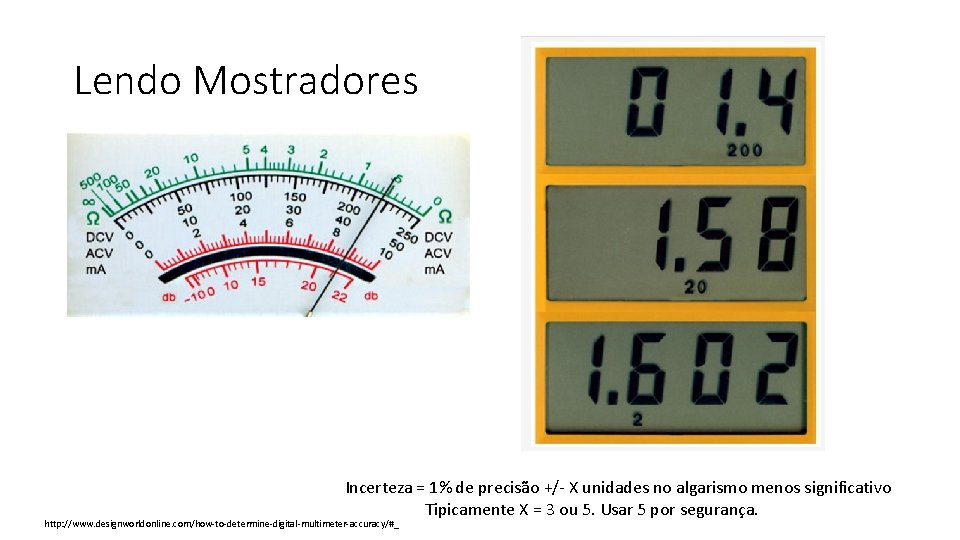 Lendo Mostradores Incerteza = 1% de precisão +/- X unidades no algarismo menos significativo