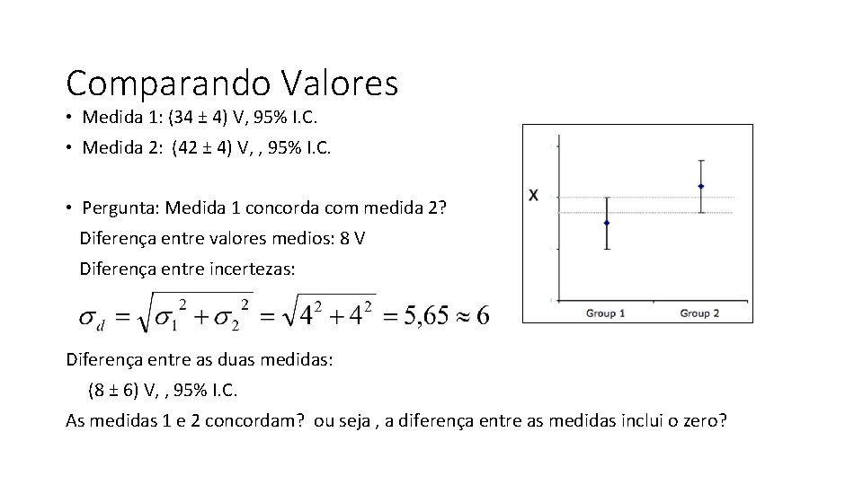 Comparando Valores • Medida 1: (34 ± 4) V, 95% I. C. • Medida